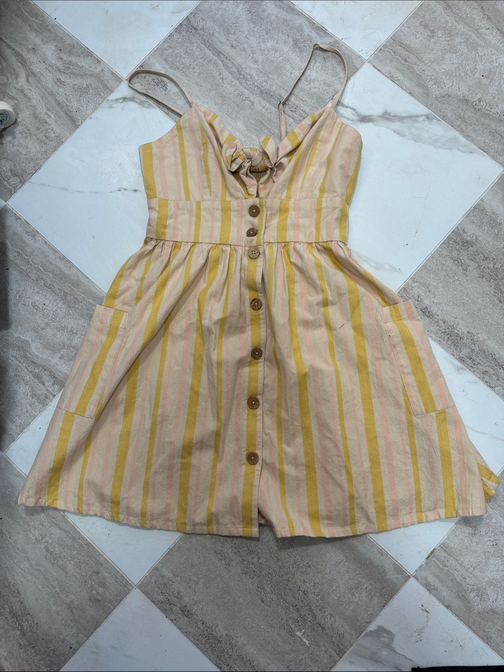 Roxy Yellow Pink Striped Button-Front Mini Sundress